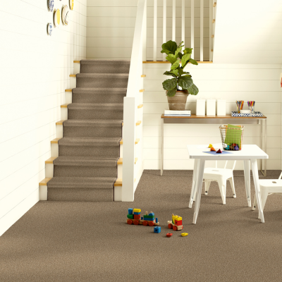 Stair hallway with white walls and a carpeted staircase that blends into the floors, a potted plant and small table with toys on the right, and colorful building blocks on the floor.